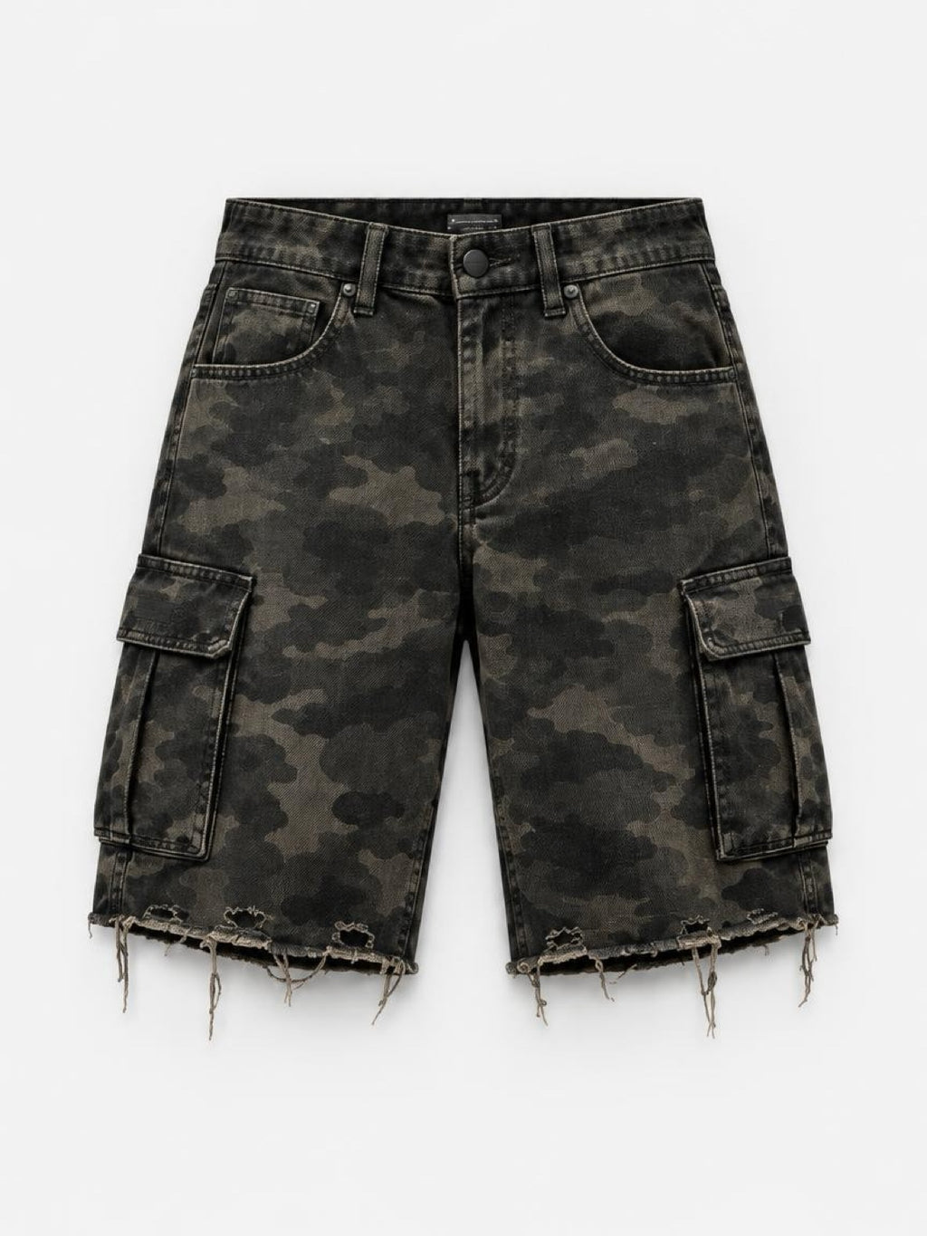CRZELOMARI Field Camo Cargo Shorts front view, relaxed straight fit with frayed hem