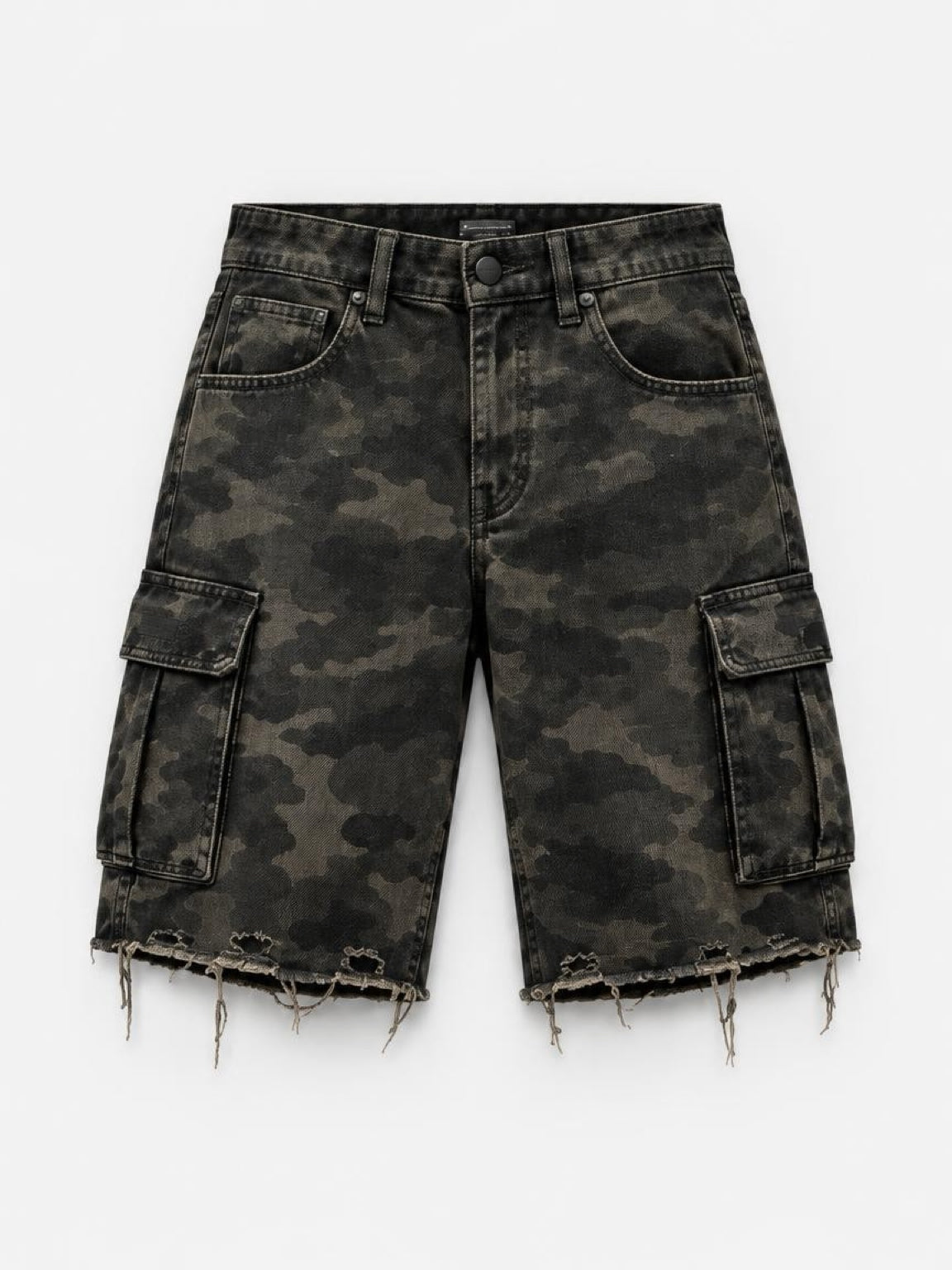 CRZELOMARI Field Camo Cargo Shorts front view, relaxed straight fit with frayed hem