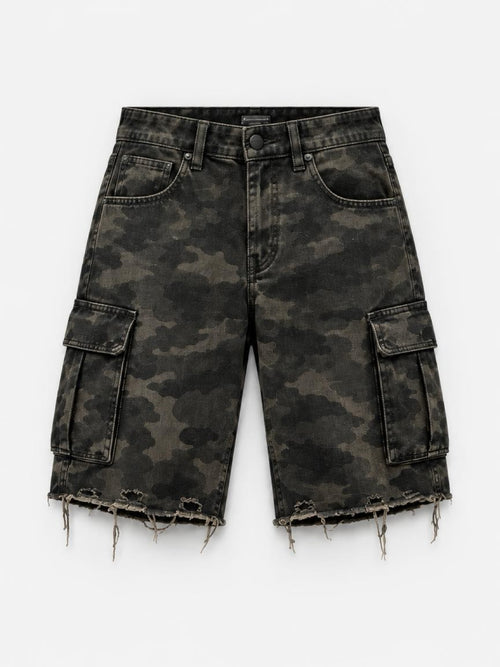 CRZELOMARI Field Camo Cargo Shorts front view, relaxed straight fit with frayed hem