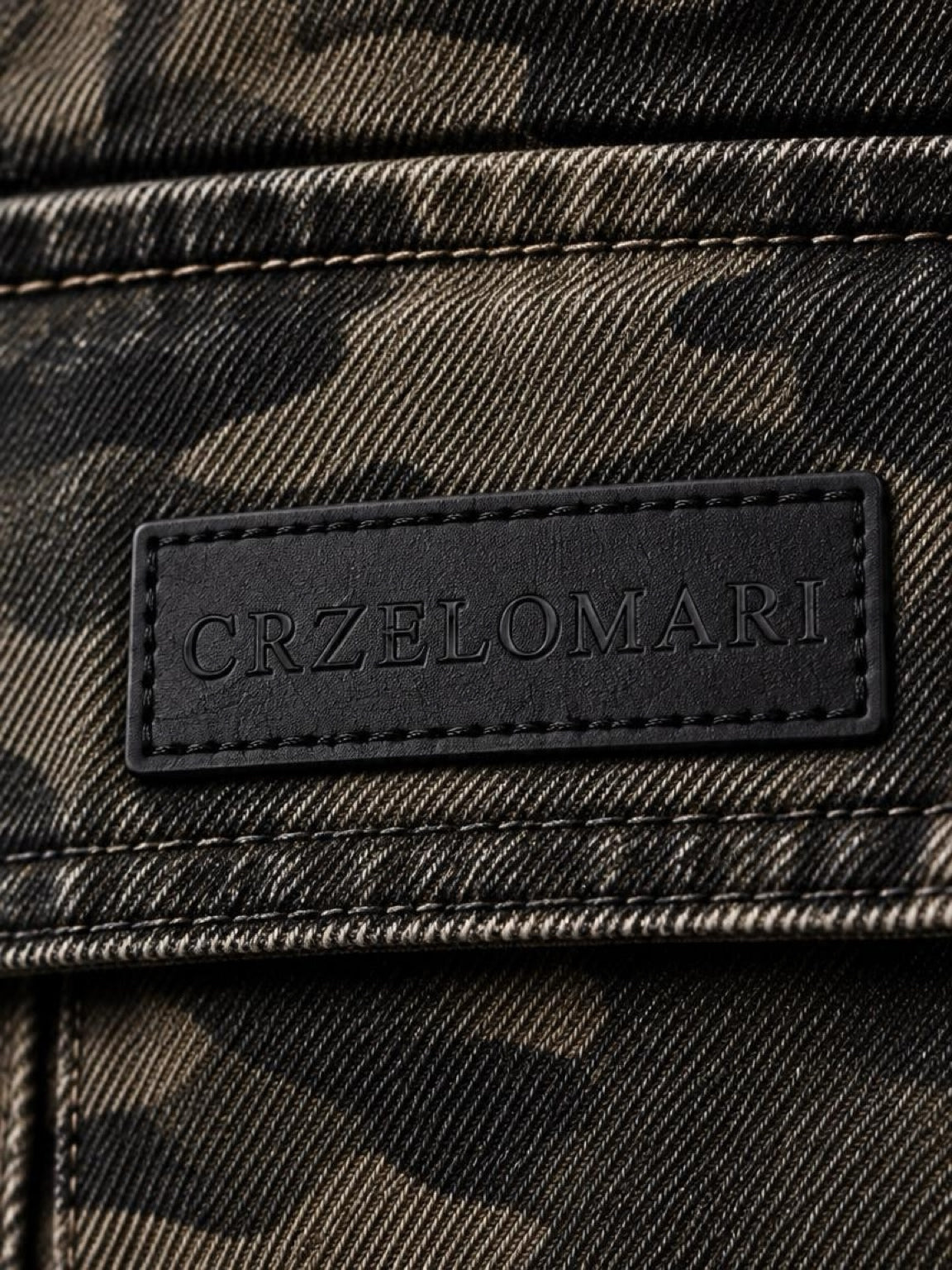 Close-up of the CRZELOMARI logo patch on the cargo pocket flap of the camo shorts