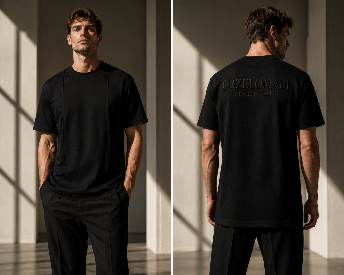 Front and back view of the black Founders Tee with tonal back logo