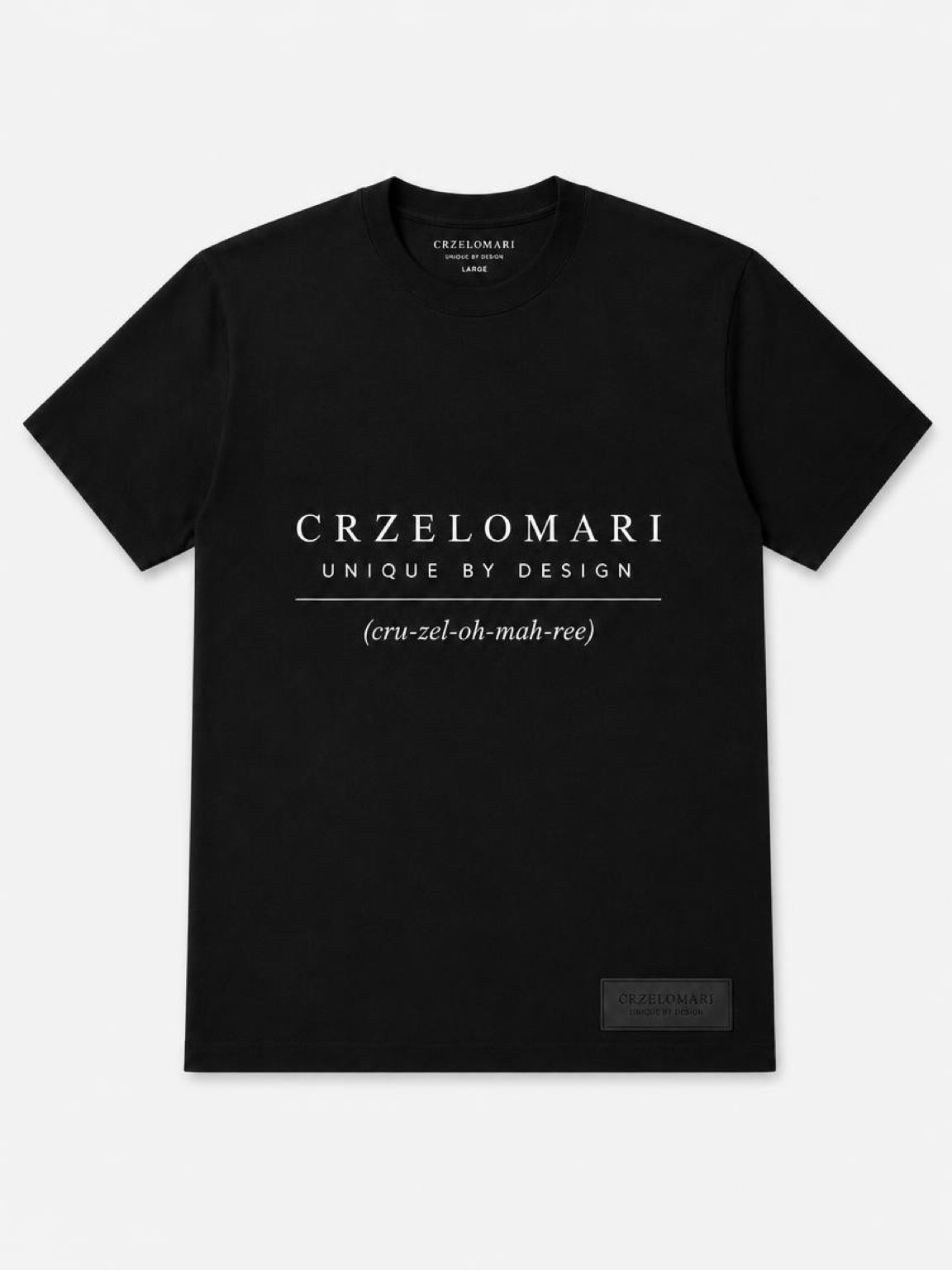 Front view of The Legacy Tee, a black oversized T-shirt with the CRZELOMARI chest logo