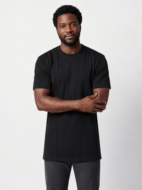 Tall athletic man wearing The Founders Tee in black, an athletic fit tall T-shirt for men