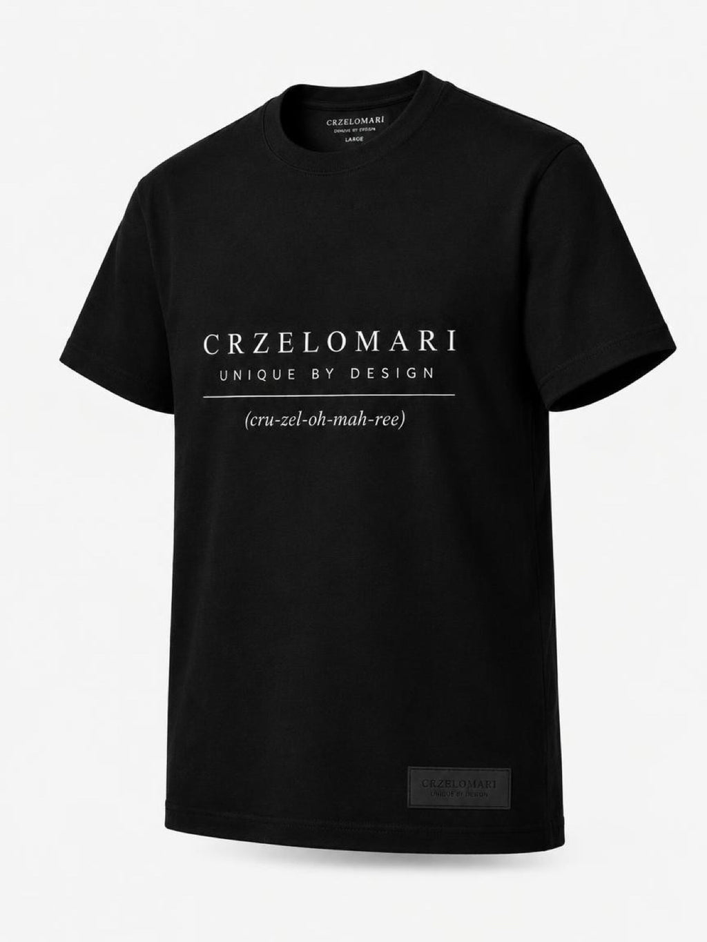 The Legacy Tee in black, angled front view of the oversized tall T-shirt with front logo