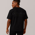 Luxury black designer t-shirt for tall men with embossed Crzelomari logo on back