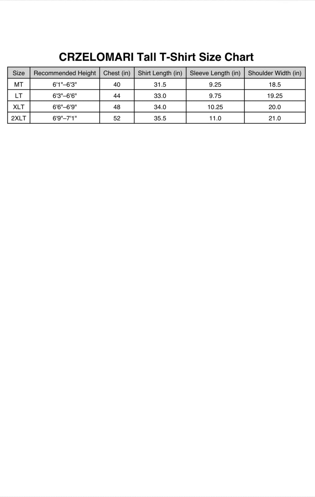 Crzelomari tall men’s t-shirt size chart with length, chest, sleeve, and shoulder measurements